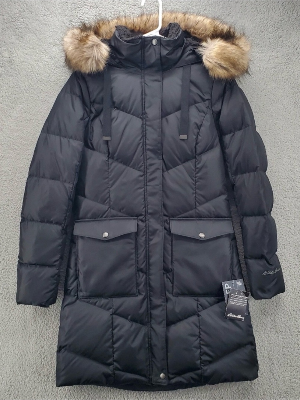 Eddie Bauer Black Quilted Long Puffer Coat with Faux Fur Hood